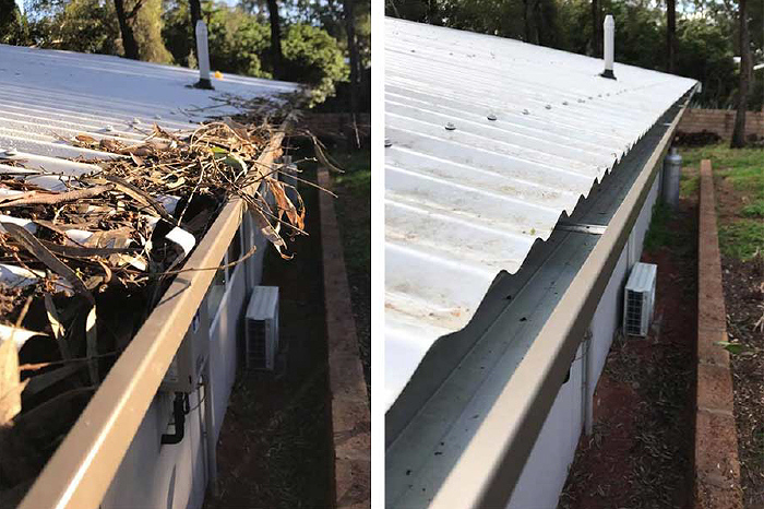 Roof shot of blocked up gutter and same shot after gutter cleaned of debris